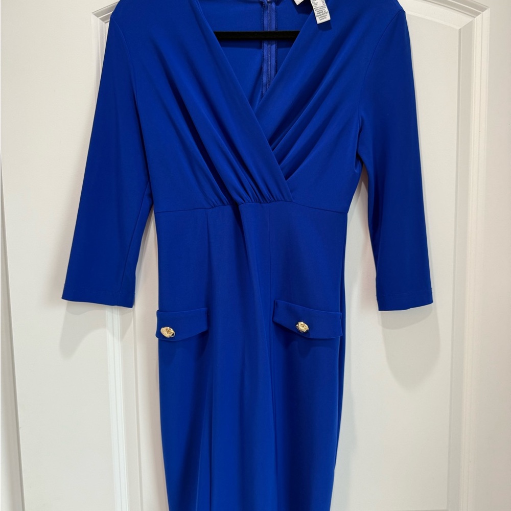 Joseph Ribkoff Blue Midi Dress with V-Neck and 3/4 Sleeves